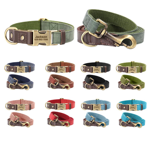 PU Leather Custom Dog Collar Leash Set 9 Colors Personalized Nameplate Tag Pet Collars Leash Lead For Small Medium Large Dogs
