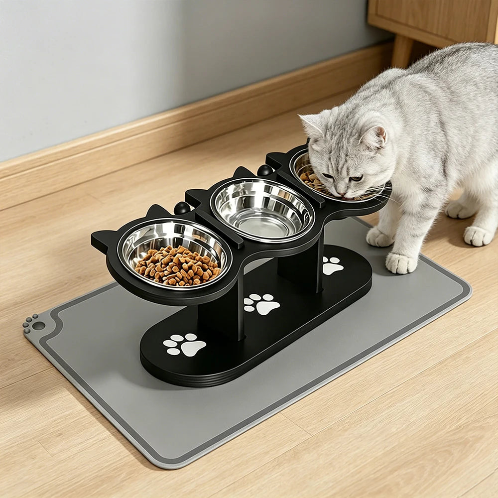Black Cat Ear 3 Bowls Rack Elevated Cat Feeder Stand Non-slip Silicone Waterproof Anti-dirty Cat Bowl Mat for Cats Dogs