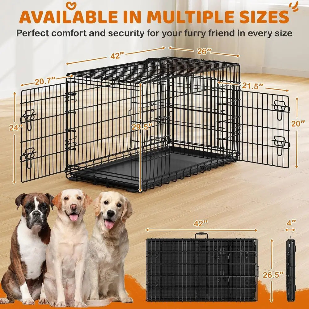 42inch Double Door Dog Crate w/Divider, Collapsible Metal Kennel | Heavy-duty Sturdy Metal e, Easy Assemble, old Up or Travel, R