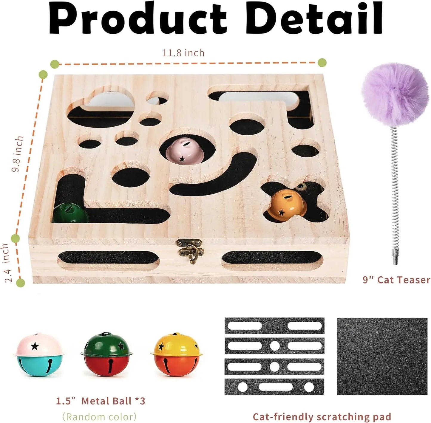 Cat Nail File Enrichment Box, Wood Puzzle Scratcher Toy with Sandpaper | Large Cat Nail File Scratcher Box with Flip-Lid Lock, Wand and 3 Balls, Easy Claw Care Without Clippers or Grinders