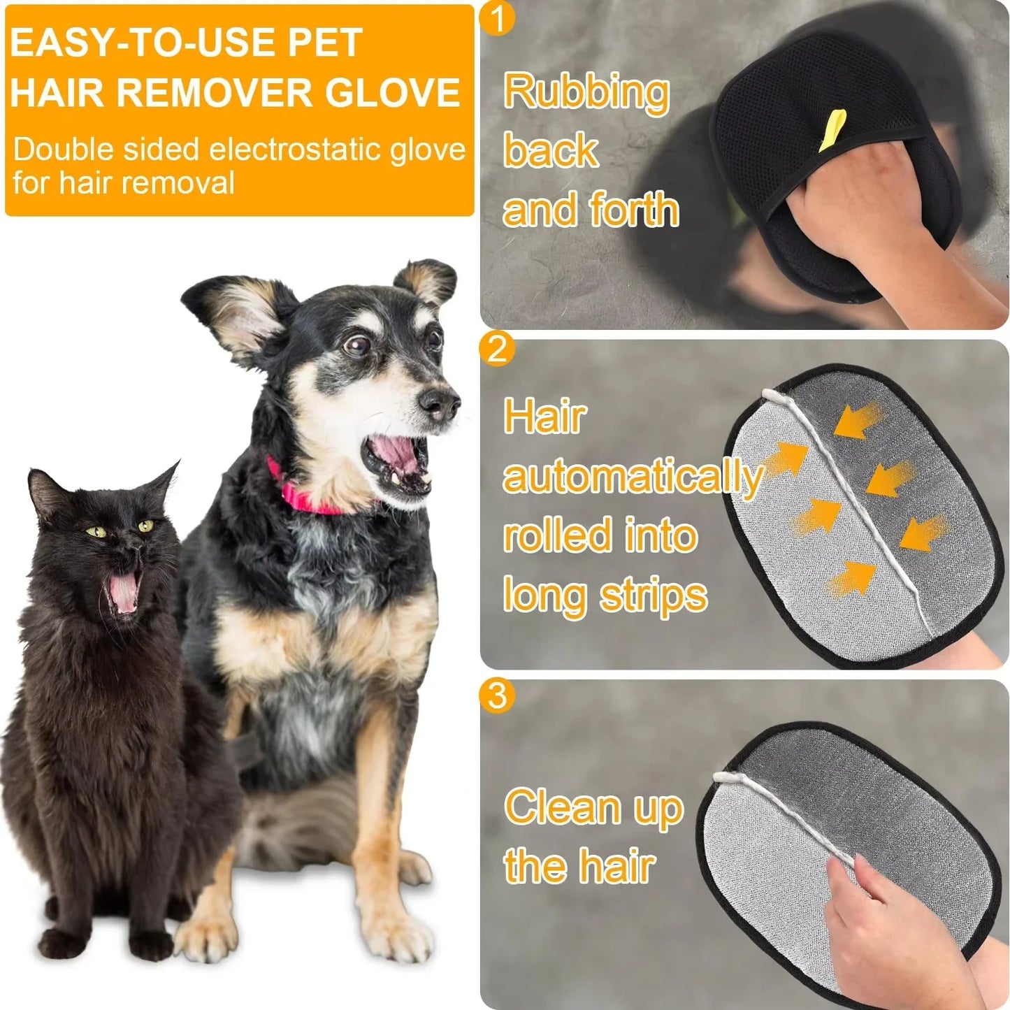 Pet Hair Removal Tool Reusable Static Removal Gloves, Double-Sided Grooming Gloves for Pets, Removes Pet Fur Hair for Carpets