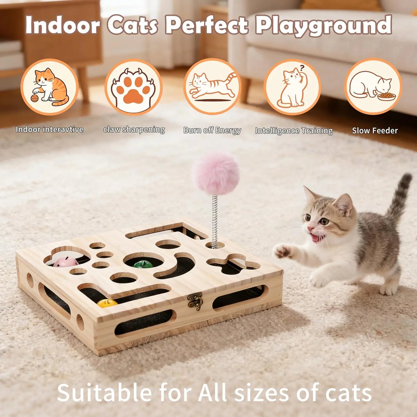 Cat Nail File Enrichment Box, Wood Puzzle Scratcher Toy with Sandpaper | Large Cat Nail File Scratcher Box with Flip-Lid Lock, Wand and 3 Balls, Easy Claw Care Without Clippers or Grinders