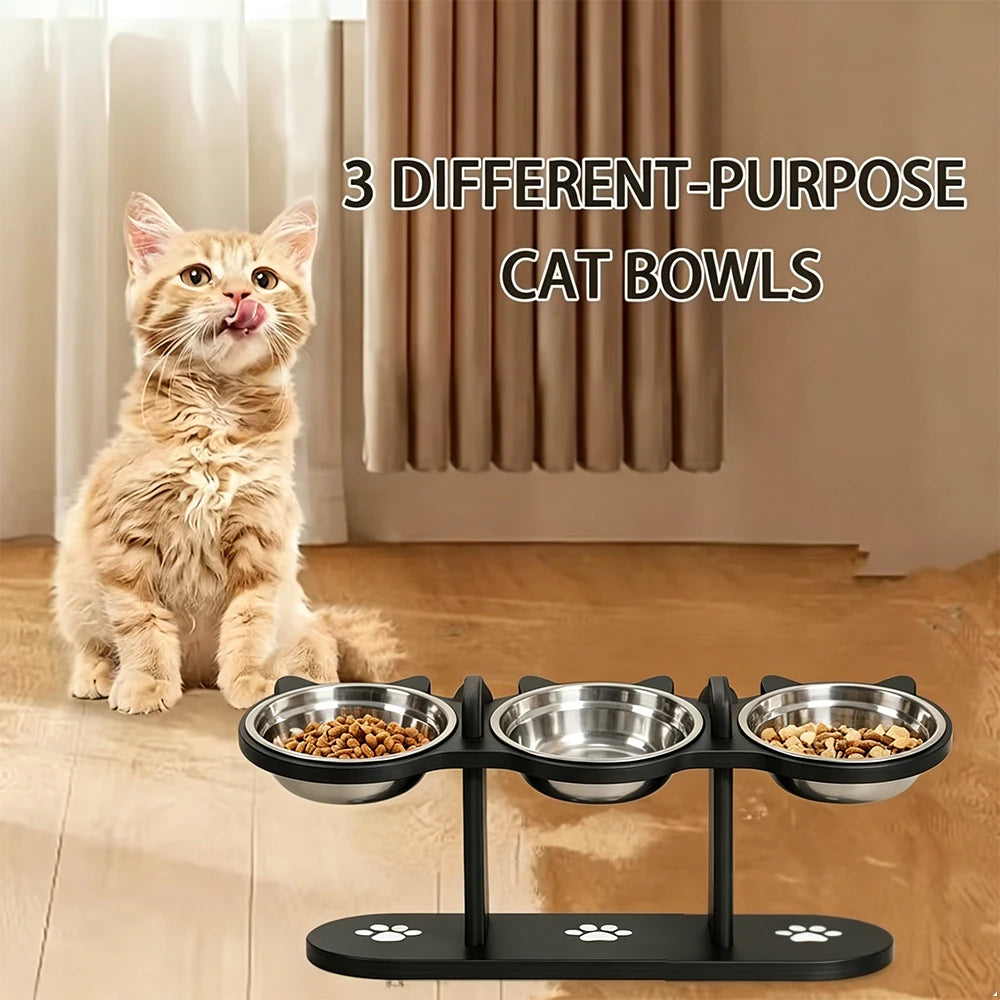 Black Cat Ear 3 Bowls Rack Elevated Cat Feeder Stand Non-slip Silicone Waterproof Anti-dirty Cat Bowl Mat for Cats Dogs