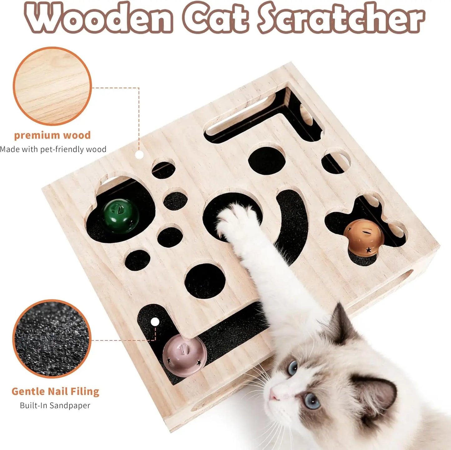 Cat Nail File Enrichment Box, Wood Puzzle Scratcher Toy with Sandpaper | Large Cat Nail File Scratcher Box with Flip-Lid Lock, Wand and 3 Balls, Easy Claw Care Without Clippers or Grinders
