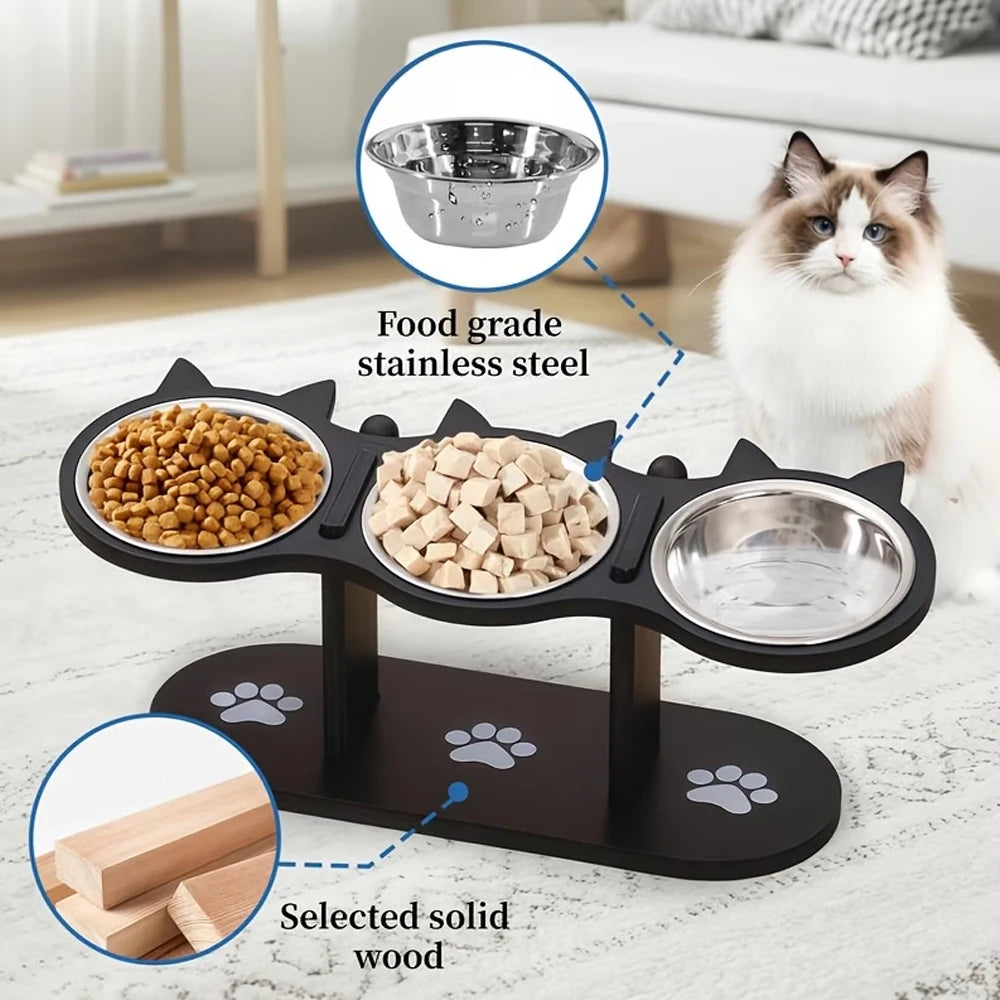 Black Cat Ear 3 Bowls Rack Elevated Cat Feeder Stand Non-slip Silicone Waterproof Anti-dirty Cat Bowl Mat for Cats Dogs