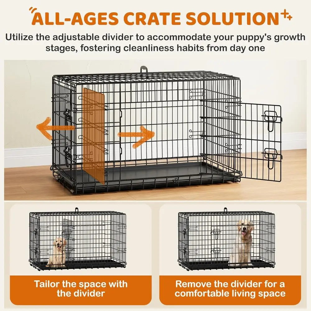42inch Double Door Dog Crate w/Divider, Collapsible Metal Kennel | Heavy-duty Sturdy Metal e, Easy Assemble, old Up or Travel, R