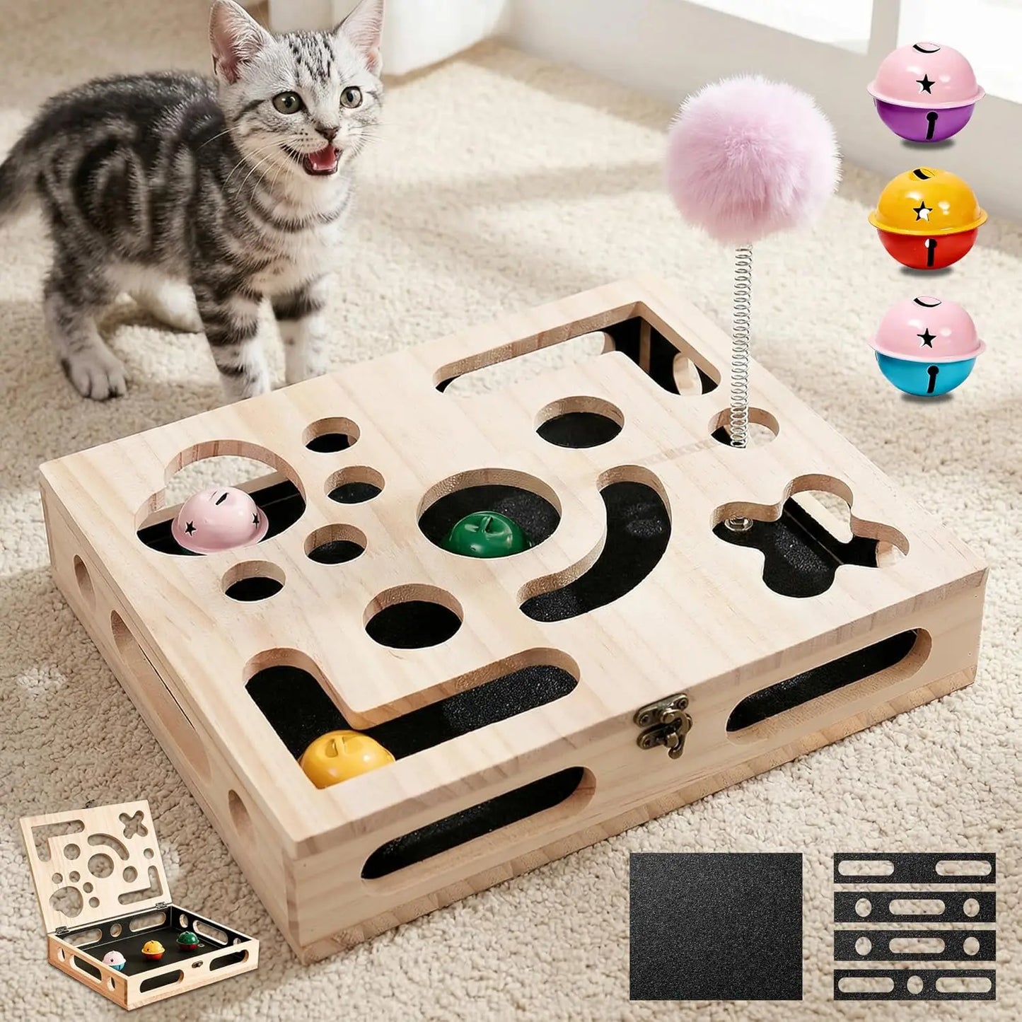 Cat Nail File Enrichment Box, Wood Puzzle Scratcher Toy with Sandpaper | Large Cat Nail File Scratcher Box with Flip-Lid Lock, Wand and 3 Balls, Easy Claw Care Without Clippers or Grinders