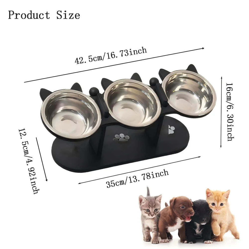 Black Cat Ear 3 Bowls Rack Elevated Cat Feeder Stand Non-slip Silicone Waterproof Anti-dirty Cat Bowl Mat for Cats Dogs