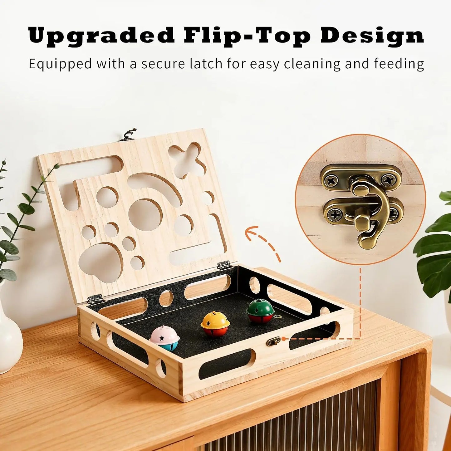 Cat Nail File Enrichment Box, Wood Puzzle Scratcher Toy with Sandpaper | Large Cat Nail File Scratcher Box with Flip-Lid Lock, Wand and 3 Balls, Easy Claw Care Without Clippers or Grinders