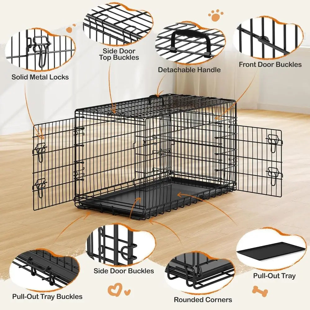 42inch Double Door Dog Crate w/Divider, Collapsible Metal Kennel | Heavy-duty Sturdy Metal e, Easy Assemble, old Up or Travel, R