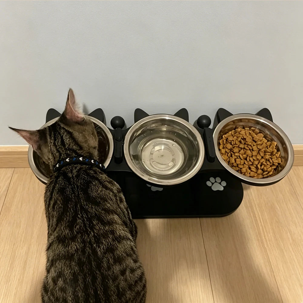 Black Cat Ear 3 Bowls Rack Elevated Cat Feeder Stand Non-slip Silicone Waterproof Anti-dirty Cat Bowl Mat for Cats Dogs