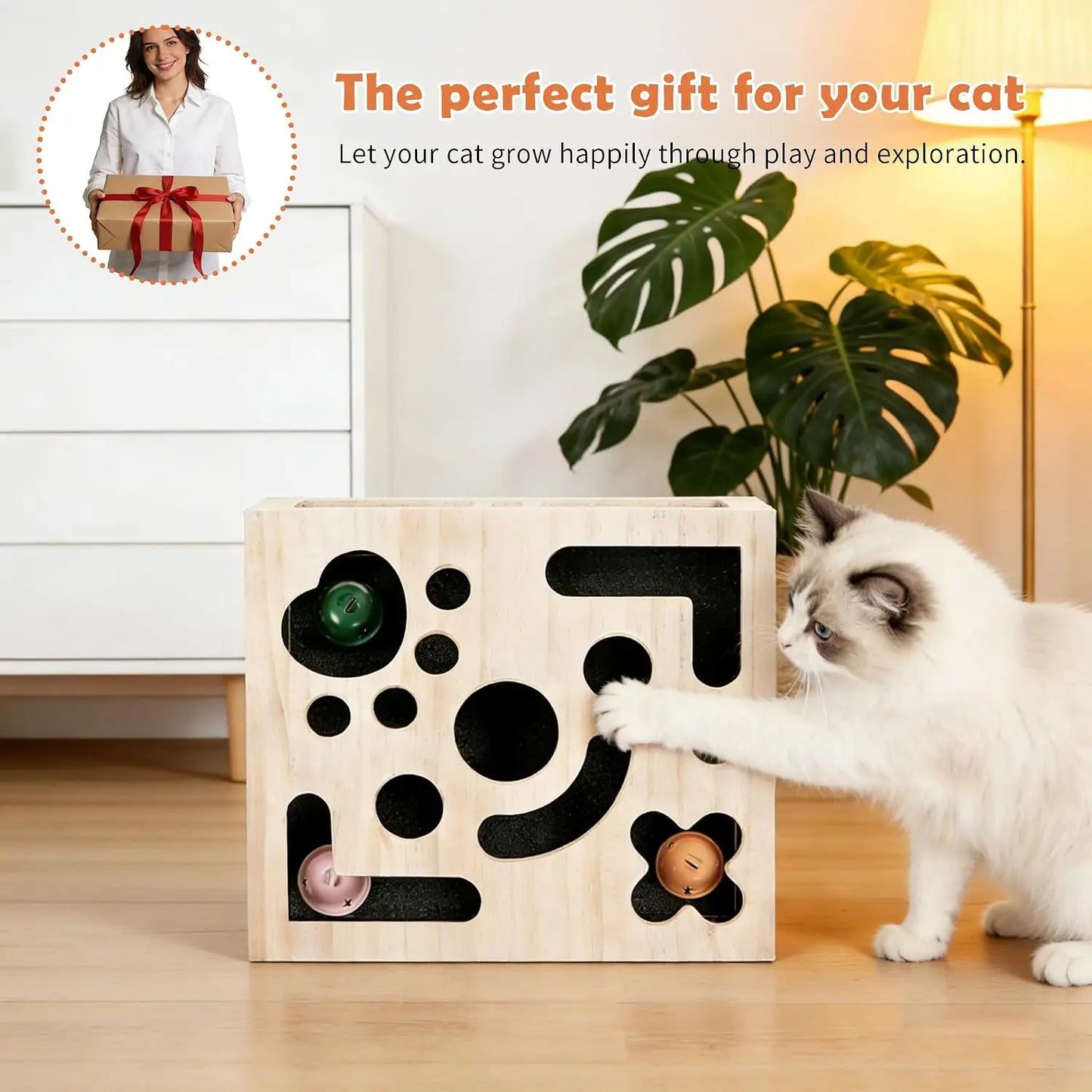 Cat Nail File Enrichment Box, Wood Puzzle Scratcher Toy with Sandpaper | Large Cat Nail File Scratcher Box with Flip-Lid Lock, Wand and 3 Balls, Easy Claw Care Without Clippers or Grinders