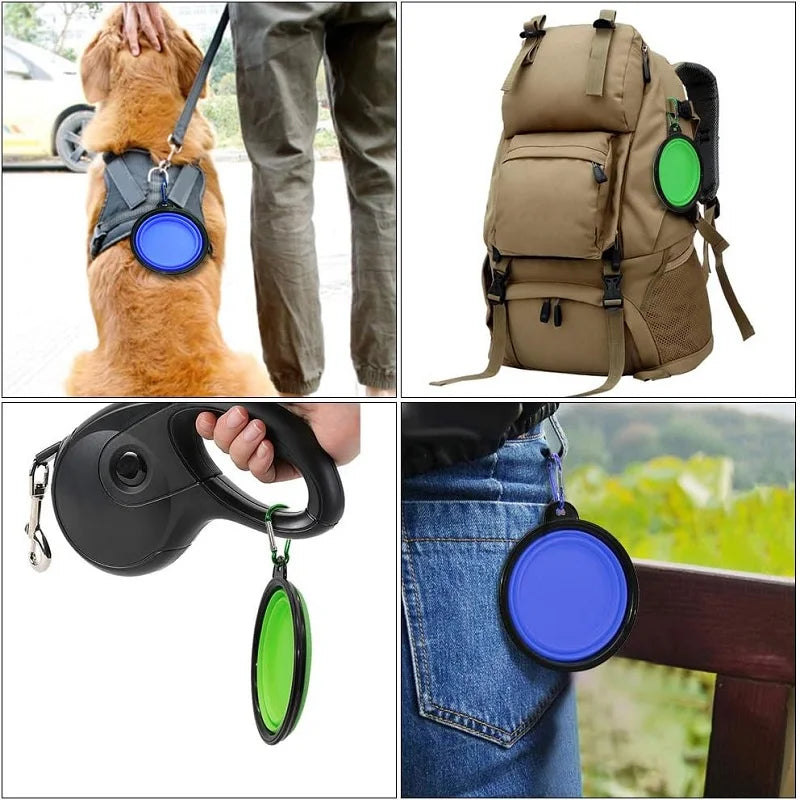 2 In 1 Silicone Pet Folding Bowl Portable Dog Cat Feeder Outdoor Travel Food Water Dispenser Container with Carabiner for Dogs C